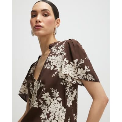 Brown Floral Print Short Sleeve Top