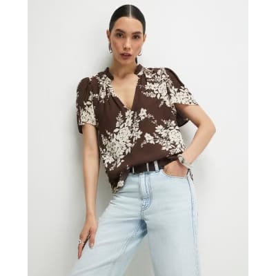 Brown Floral Print Short Sleeve Top