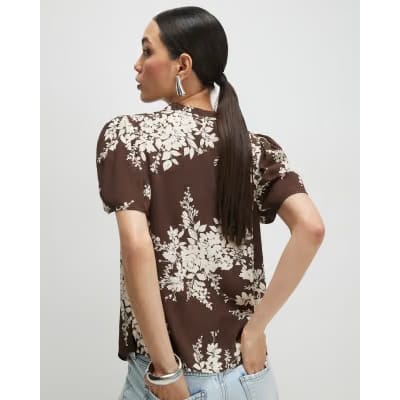 Brown Floral Print Short Sleeve Top