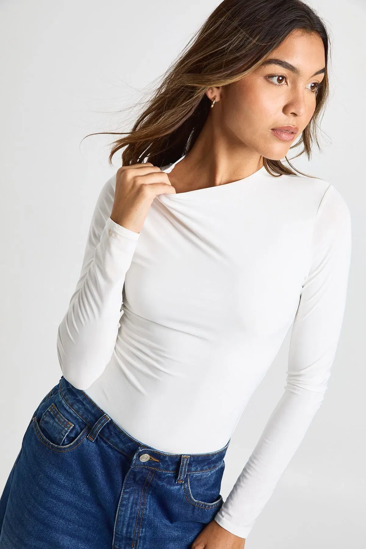 Double Layer Slinky Long Sleeve Crew Neck Bodysuit