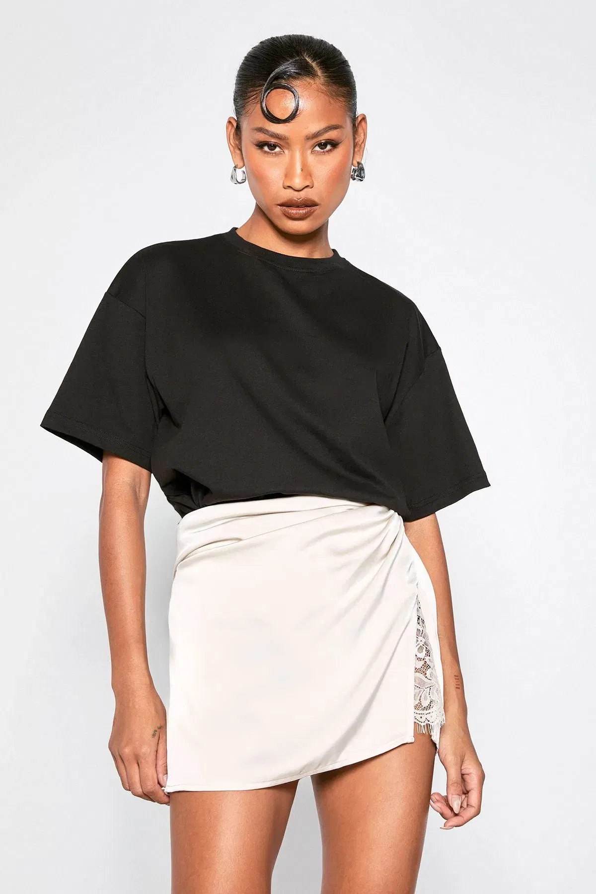 Lace Insert Satin Mini Skirt