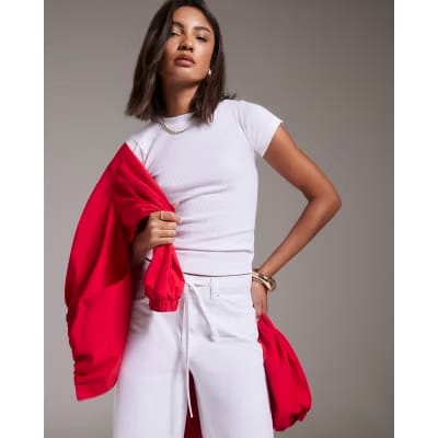 White Short Sleeve Fitted Ribbed T-shirt