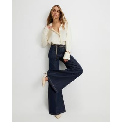 Blue Belted Wide Leg Jeans
