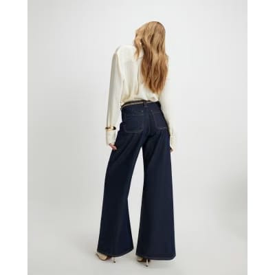 Blue Belted Wide Leg Jeans