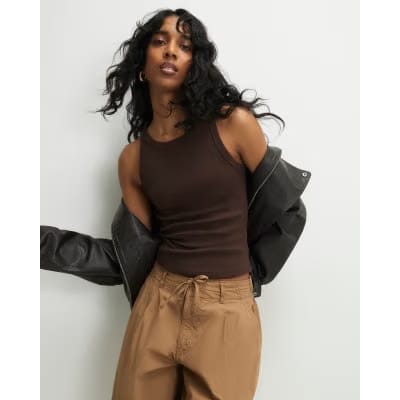 Brown Sleeveless Ribbed Tank Top