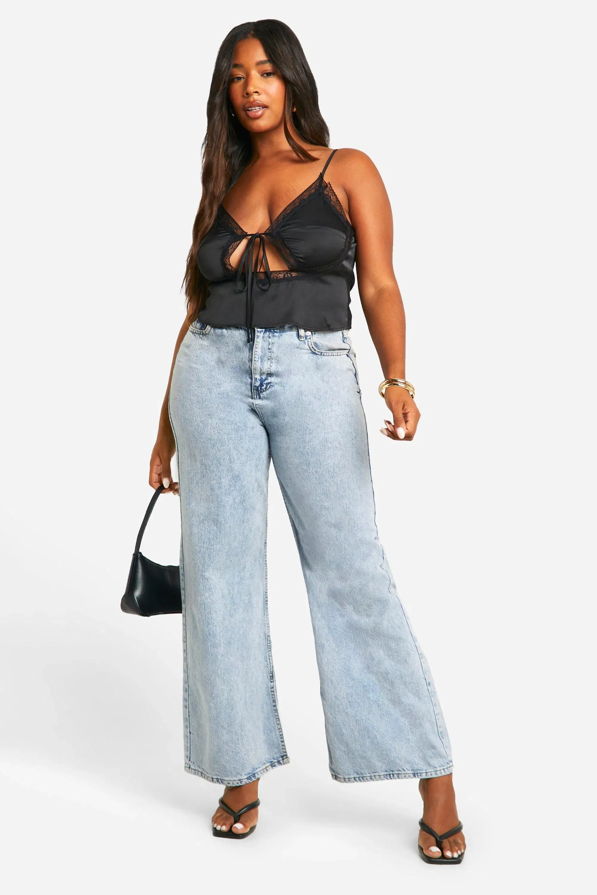 Plus Tie Front Satin Lace Cami Top