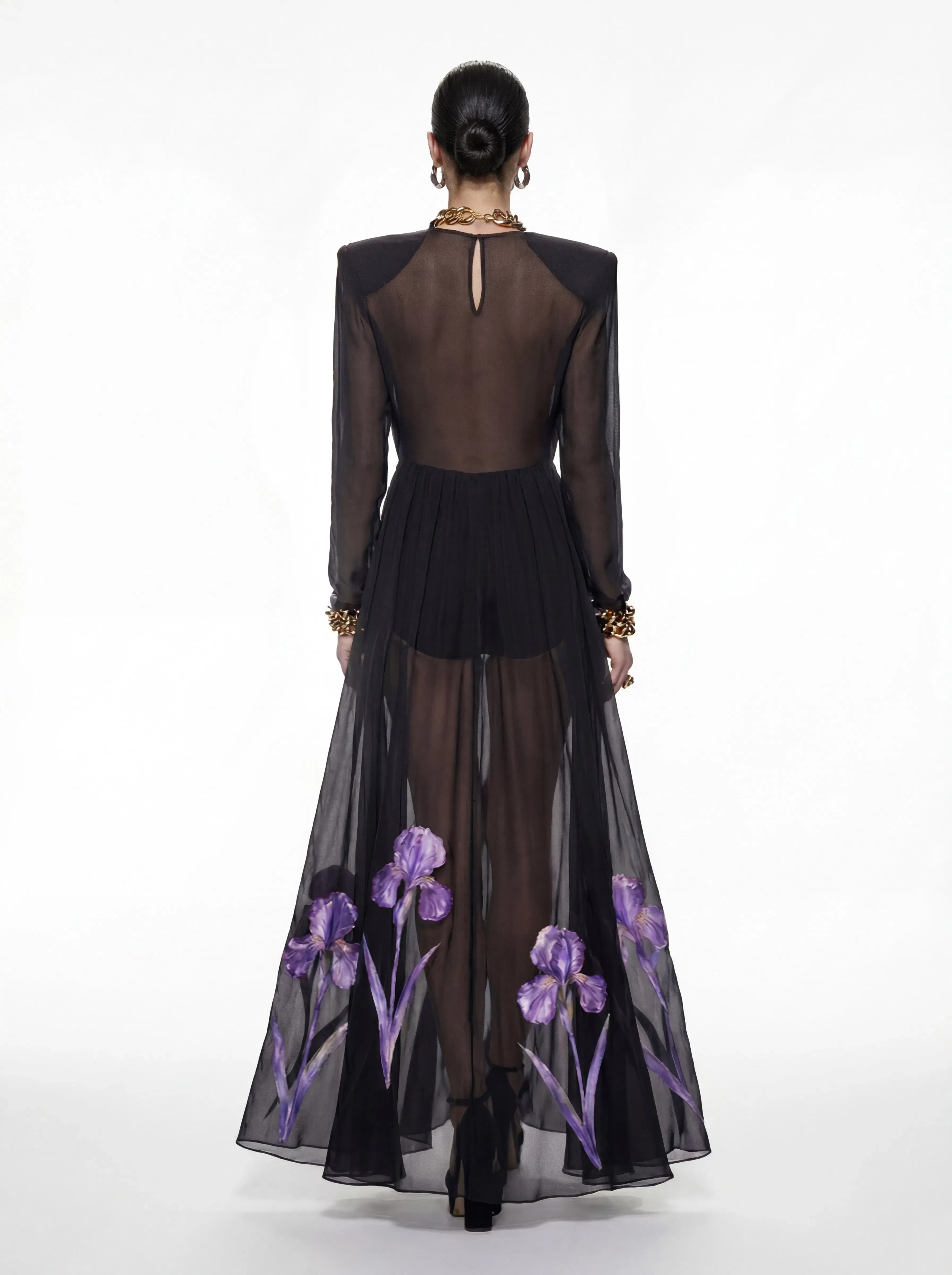 Iris Floral Print Long-Sleeve Sheer Gown - Black/Purple