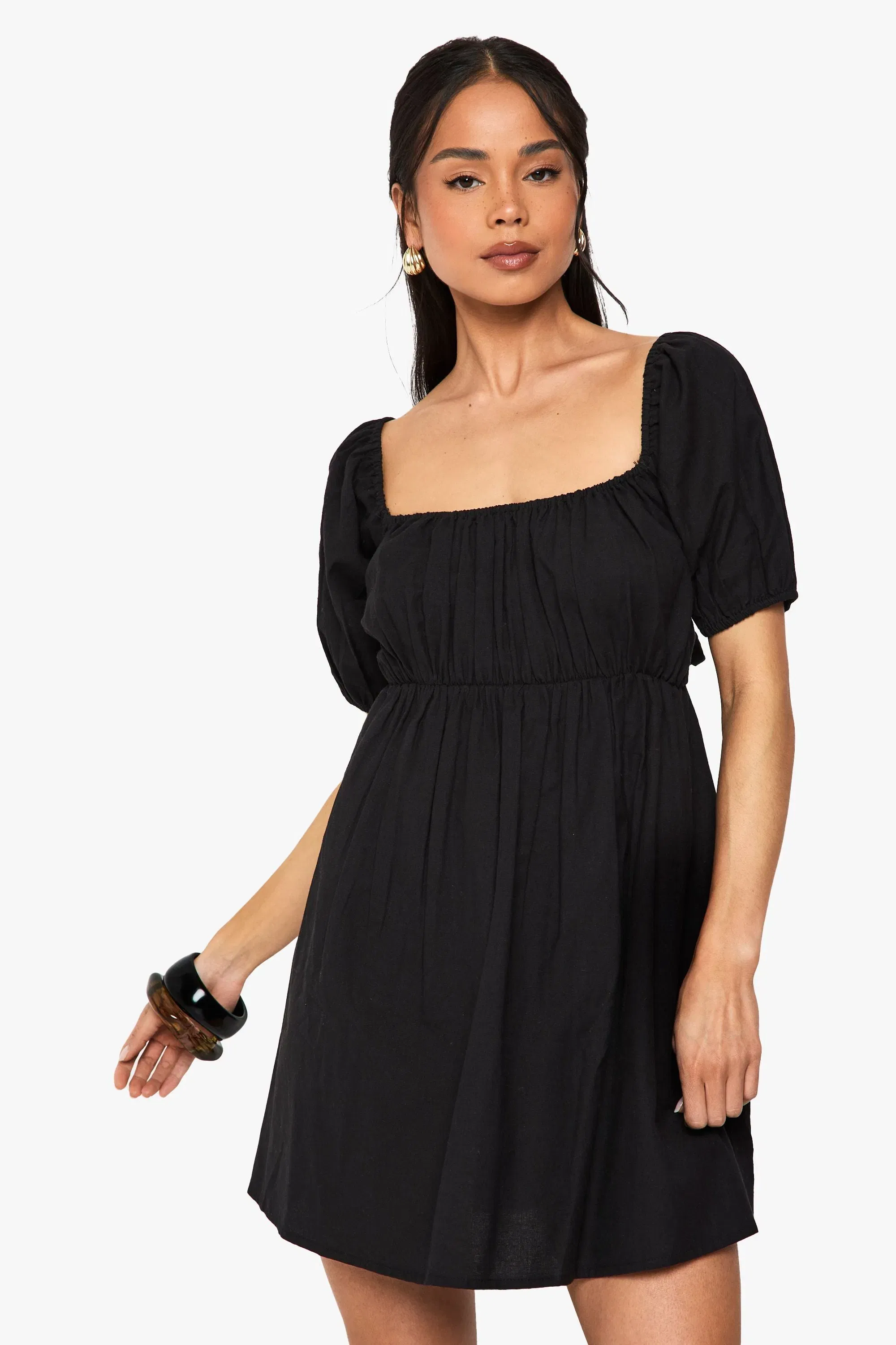 Linen Puff Sleeve Smock Mini Dress