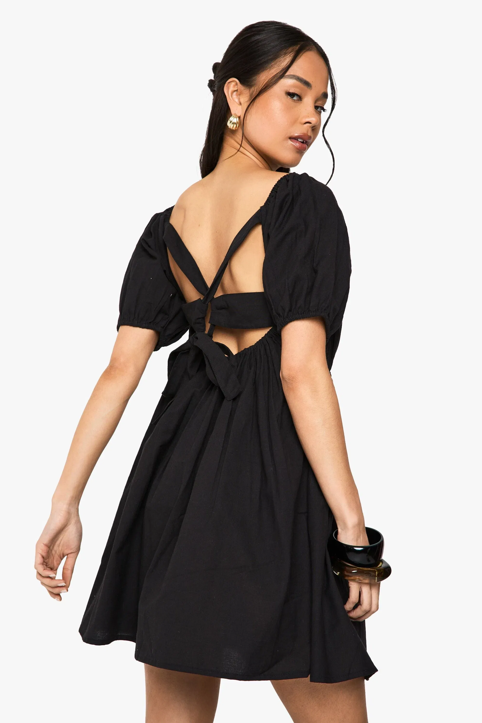 Linen Puff Sleeve Smock Mini Dress