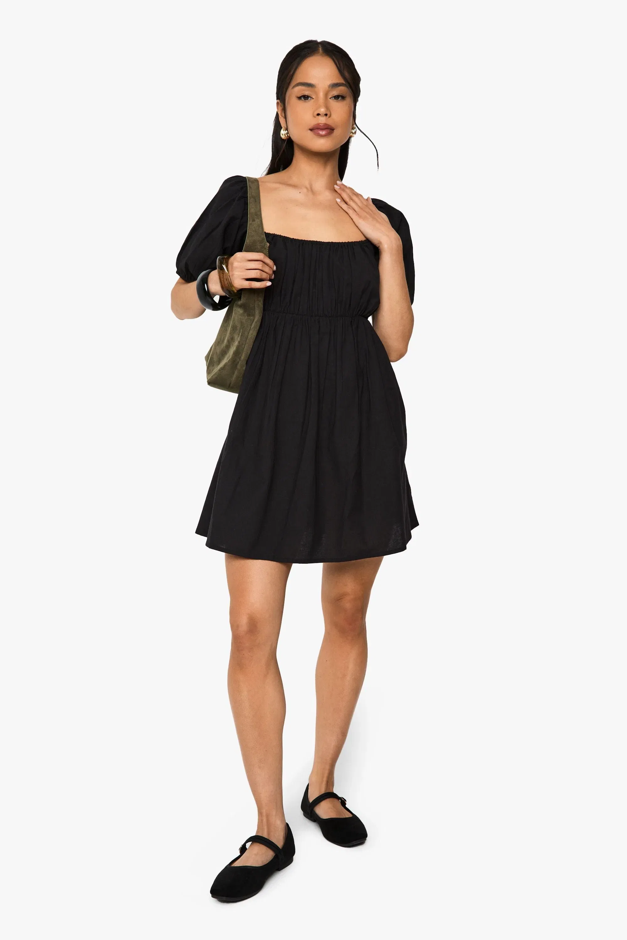 Linen Puff Sleeve Smock Mini Dress