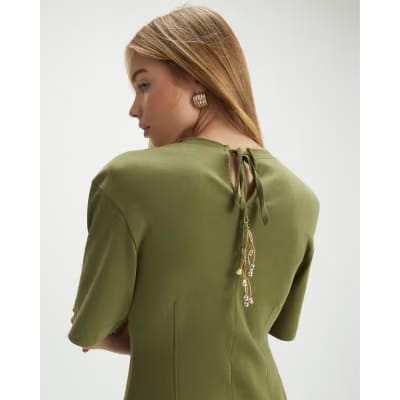 Khaki Short Sleeve Tie Back Seamed Top