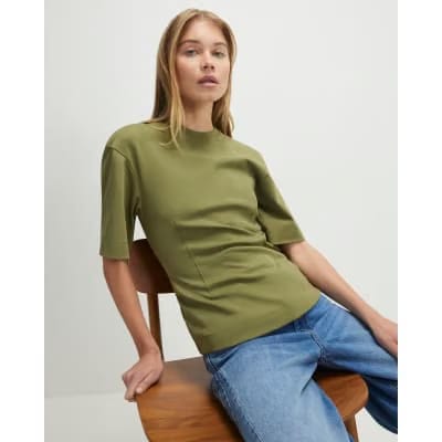 Khaki Short Sleeve Tie Back Seamed Top
