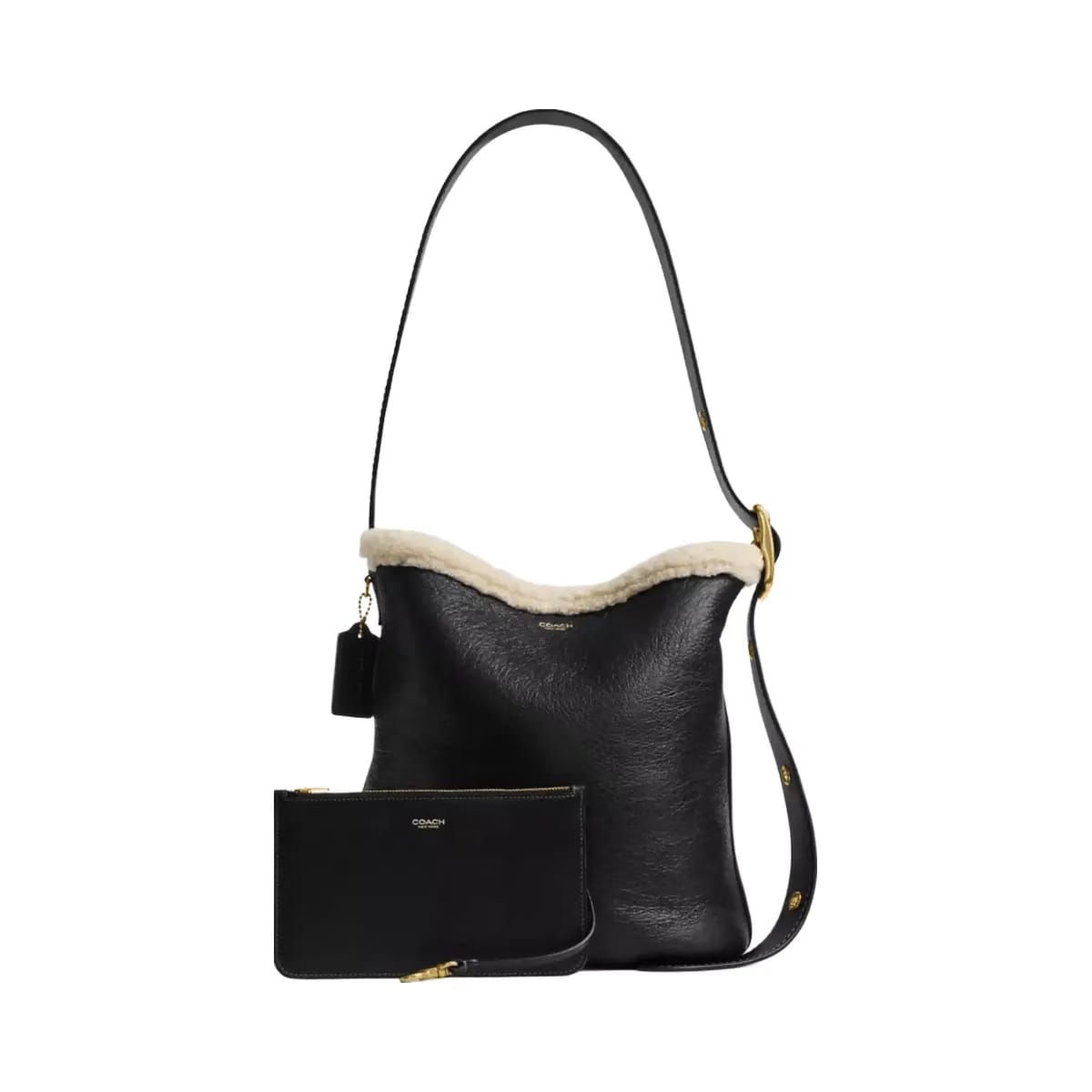 Coach Bleecker Bucket Bag In Shearling in Brass Black Natural