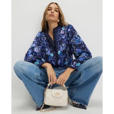 Blue Floral Long Sleeve Ruffle Blouse