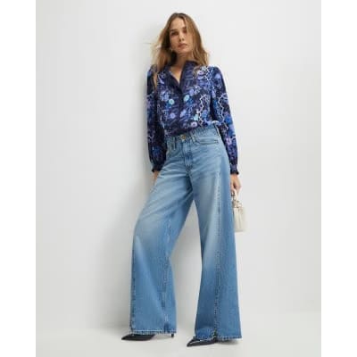 Blue Floral Long Sleeve Ruffle Blouse
