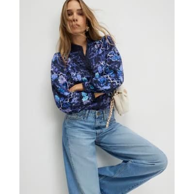 Blue Floral Long Sleeve Ruffle Blouse