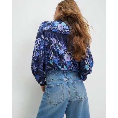Blue Floral Long Sleeve Ruffle Blouse