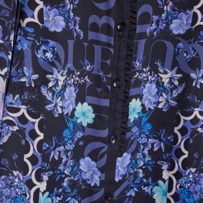Blue Floral Long Sleeve Ruffle Blouse