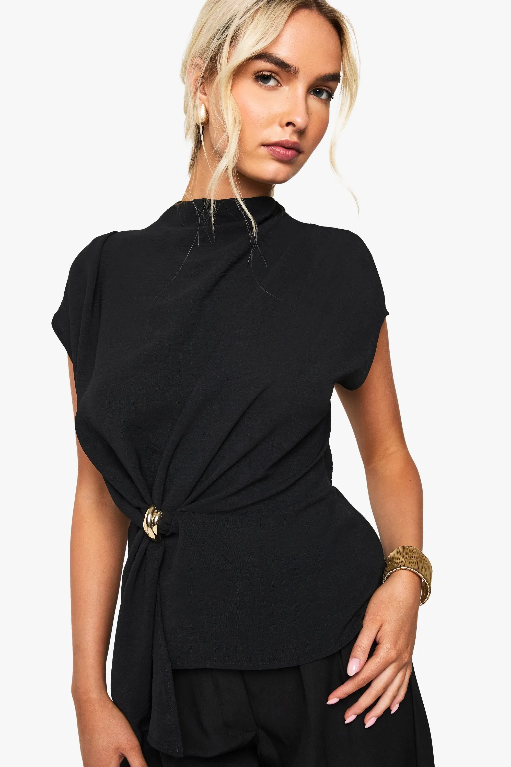 Hammered Gold Trim Cowl Neck Blouse