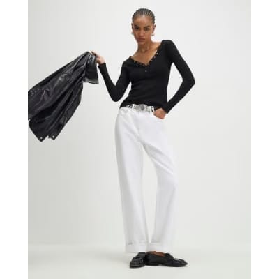 Black Long Sleeve Popper Ribbed Top