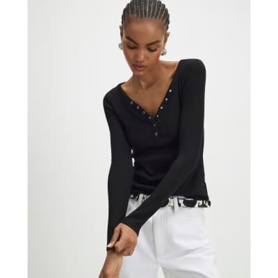 Black Long Sleeve Popper Ribbed Top