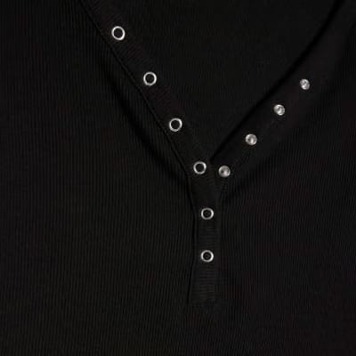 Black Long Sleeve Popper Ribbed Top