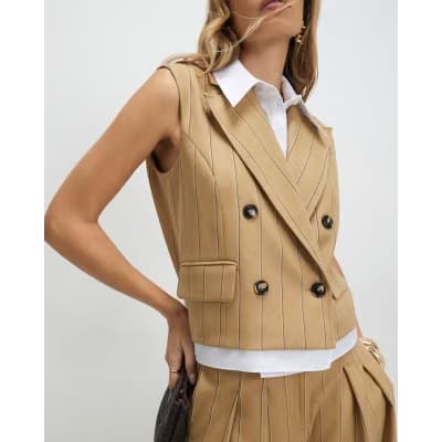 Beige Boxy Pinstripe Hybrid Waistcoat