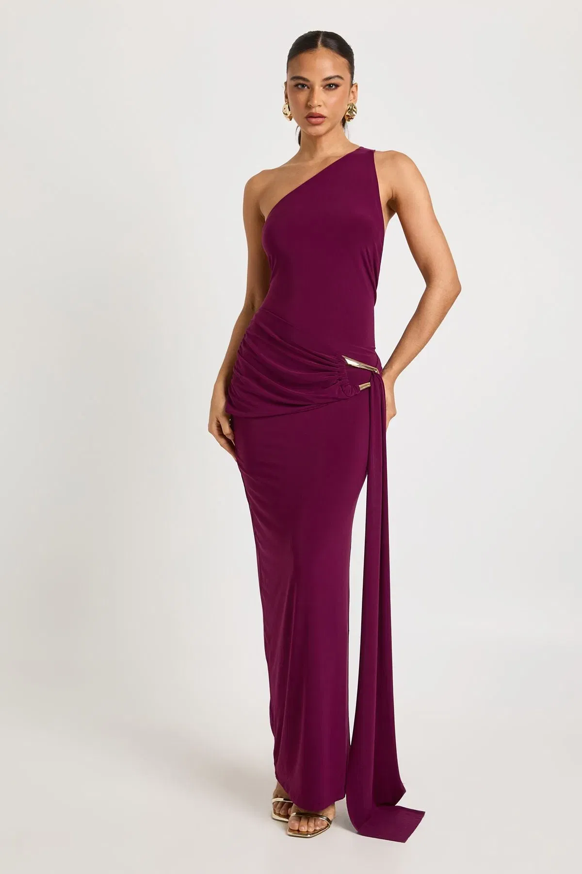One Shoulder Trim Waist Wrap Maxi Dress