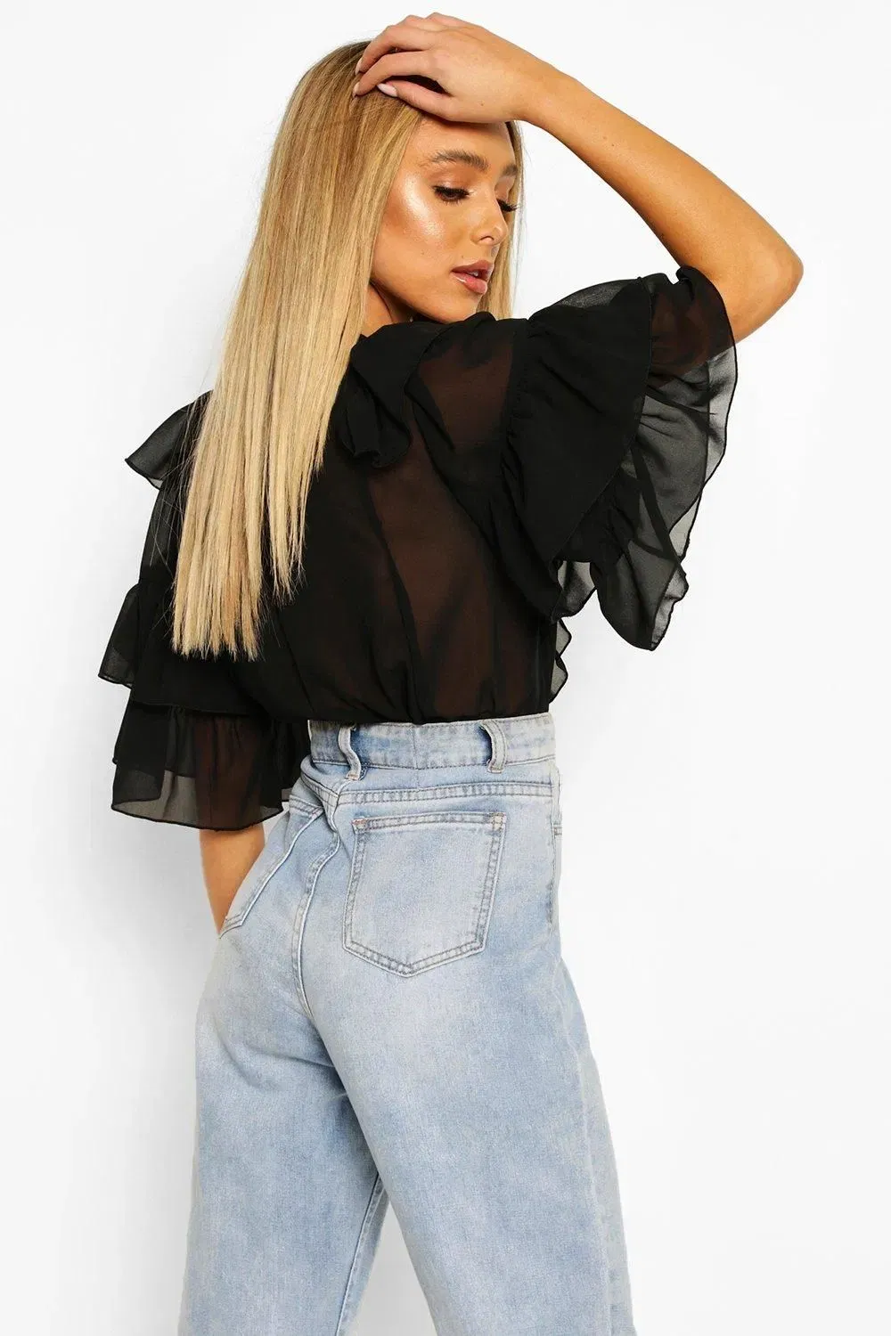 Woven Ruffle Lace Up Blouse