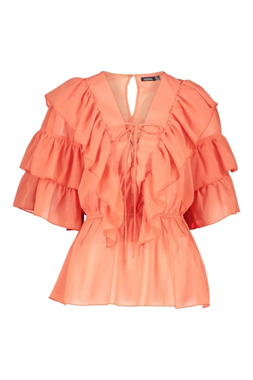 Woven Ruffle Lace Up Blouse