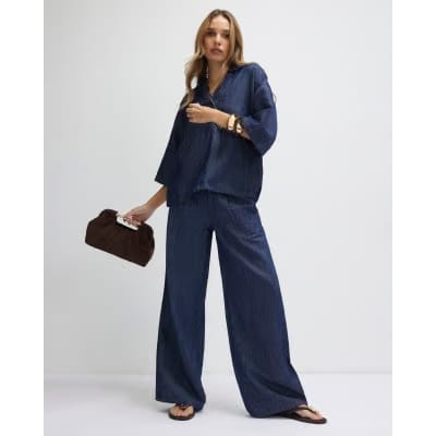 Blue Linen Blend Denim Wide Leg Trousers
