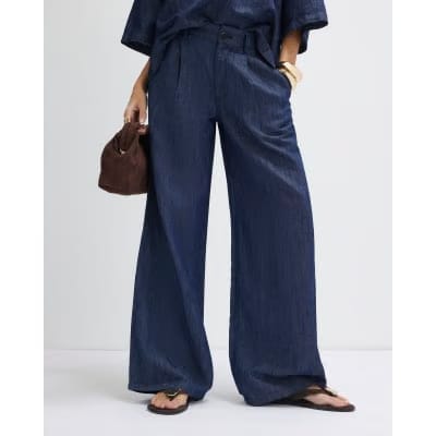 Blue Linen Blend Denim Wide Leg Trousers