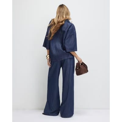 Blue Linen Blend Denim Wide Leg Trousers