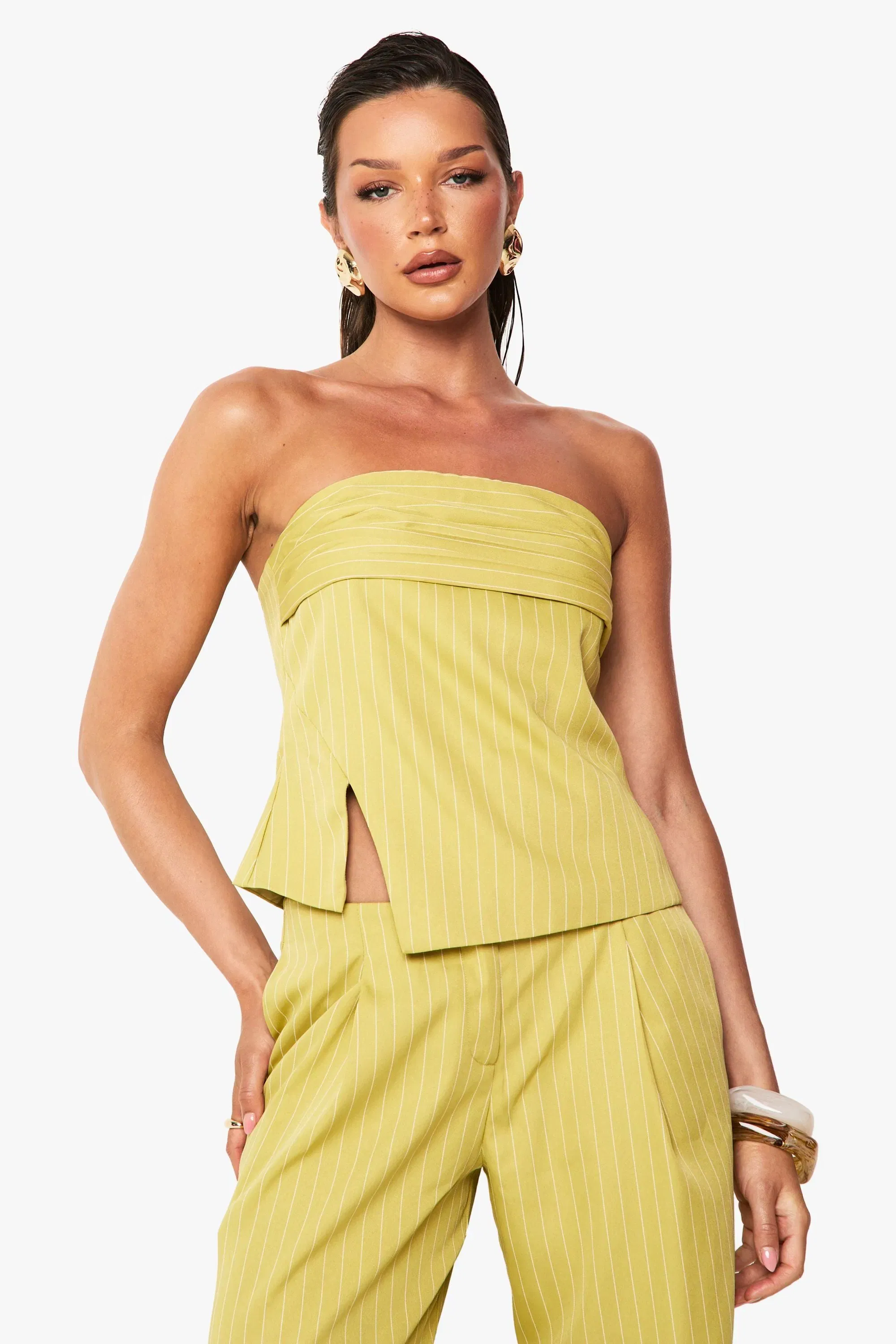 Woven Pinstripe Ruched Bandeau Top