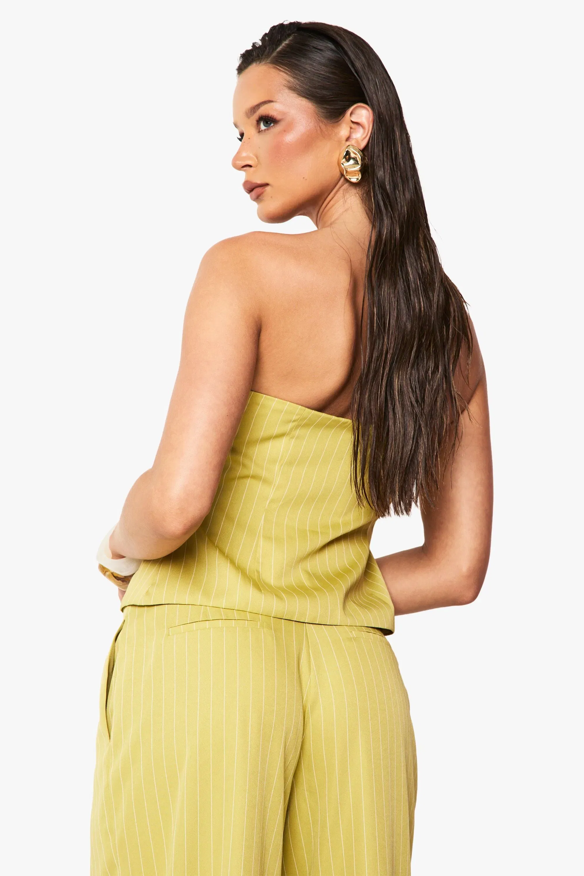 Woven Pinstripe Ruched Bandeau Top