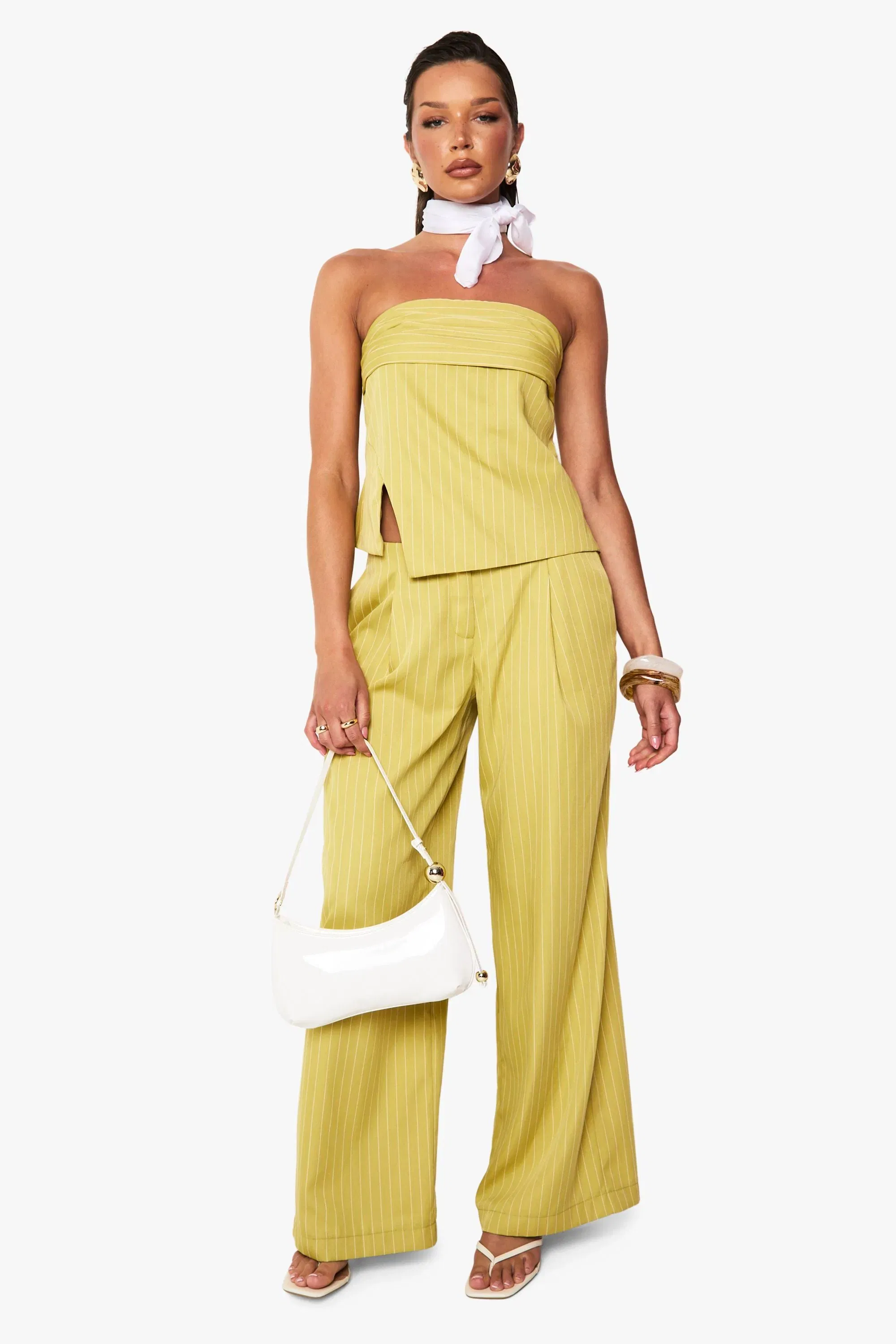Woven Pinstripe Ruched Bandeau Top