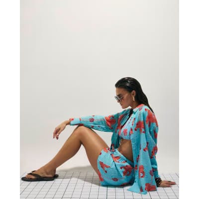 Blue Palm Print Beach Shorts