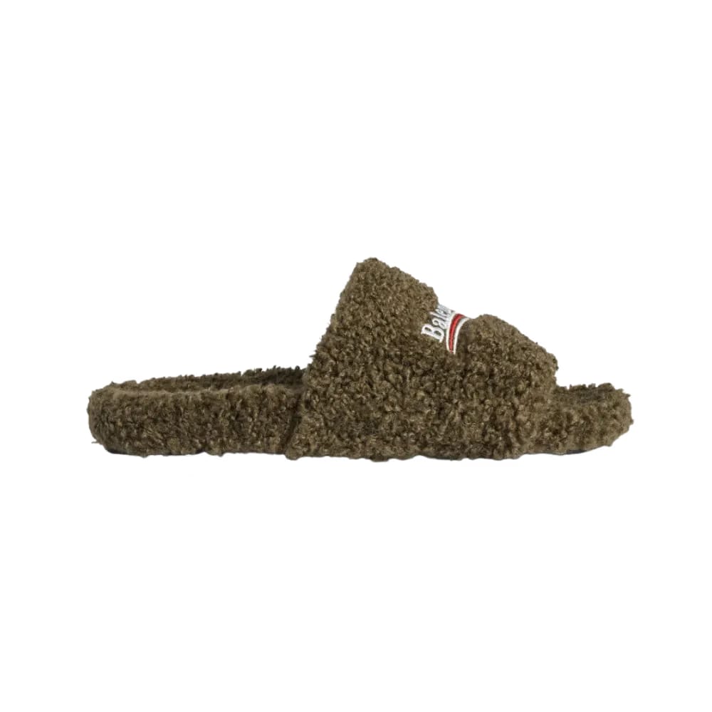 Balenciaga Furry Open Mule In Army Green