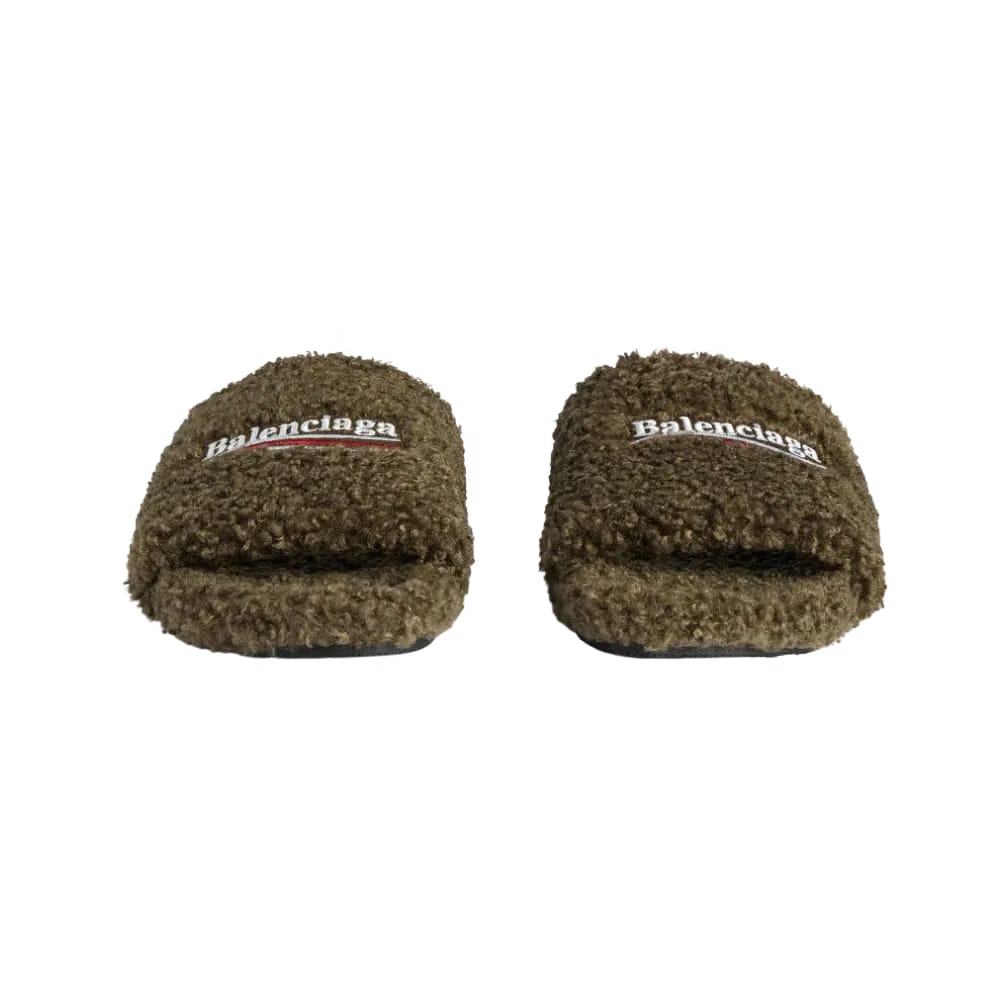 Balenciaga Furry Open Mule In Army Green