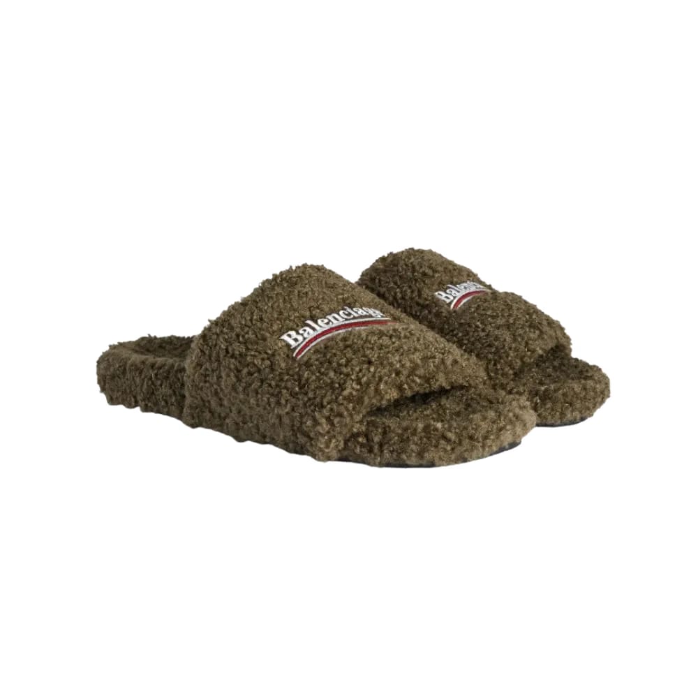 Balenciaga Furry Open Mule In Army Green