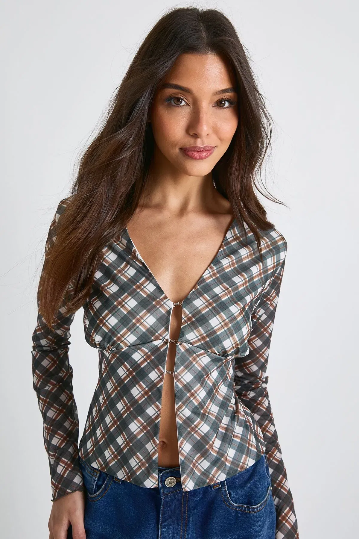 Mesh Hook & Eye Front Long Sleeve Fitted Top