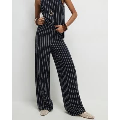 Navy Stripe Wide Leg Joggers