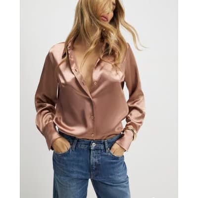 Brown Satin Slim Fit Long Sleeve Shirt