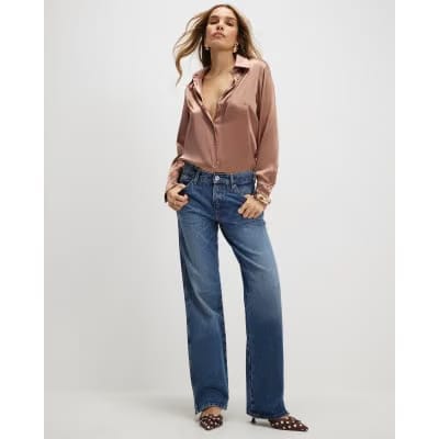 Brown Satin Slim Fit Long Sleeve Shirt