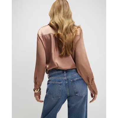 Brown Satin Slim Fit Long Sleeve Shirt