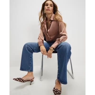 Brown Satin Slim Fit Long Sleeve Shirt