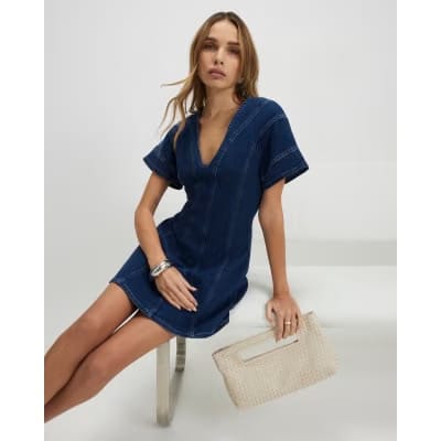 Blue Denim Short Sleeve Seamed Mini Dress