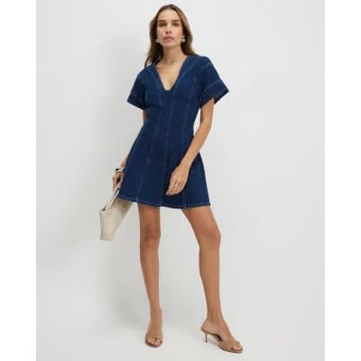 Blue Denim Short Sleeve Seamed Mini Dress