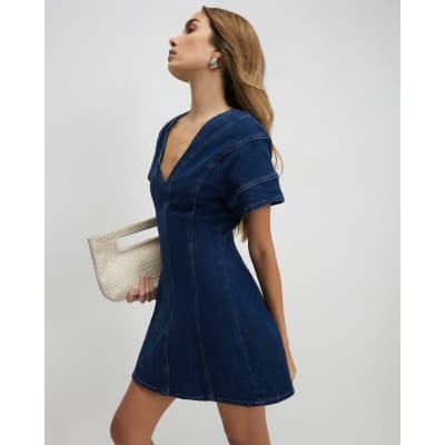 Blue Denim Short Sleeve Seamed Mini Dress