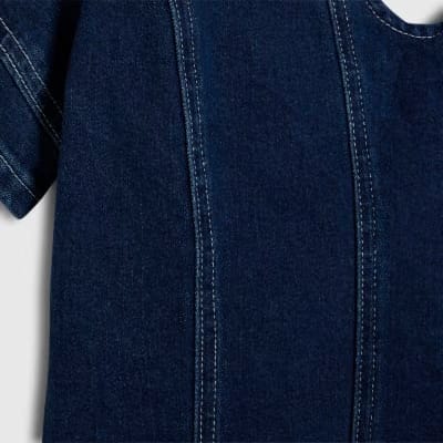 Blue Denim Short Sleeve Seamed Mini Dress